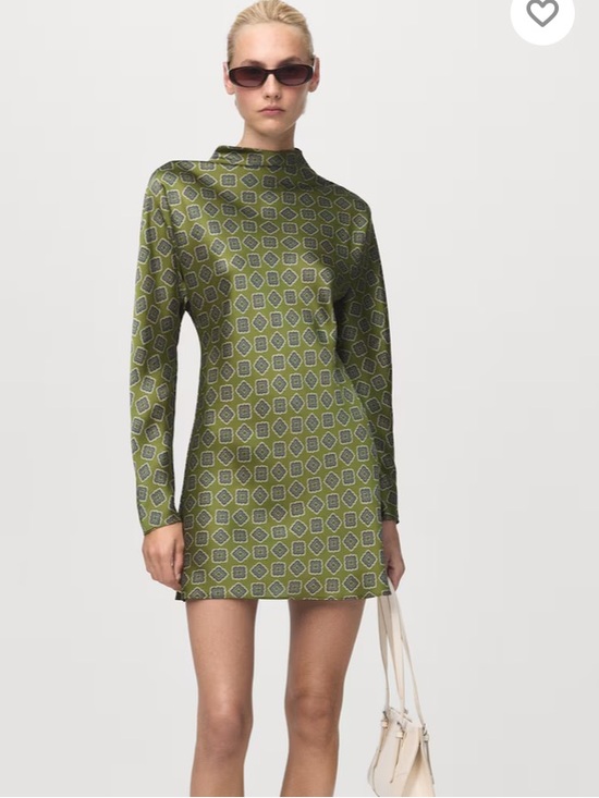 Mango Dresses & Skirts - Mango Olive Green Geometric Satin Long-Sleeve Mini Dress